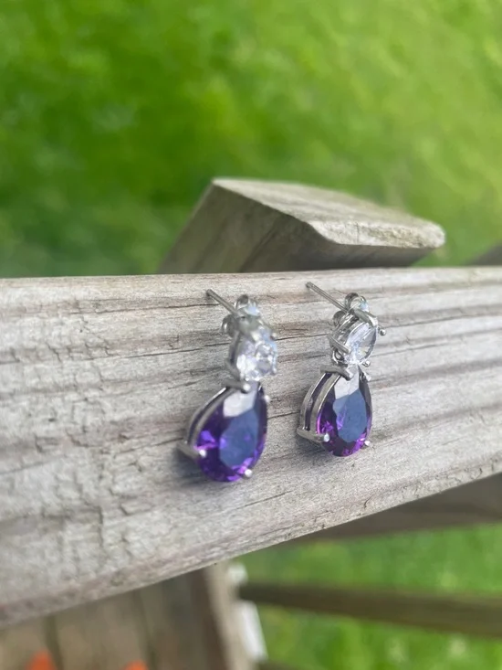 Sterling Silver Purple Teardrop Drop Earrings - Picture 2 of 8